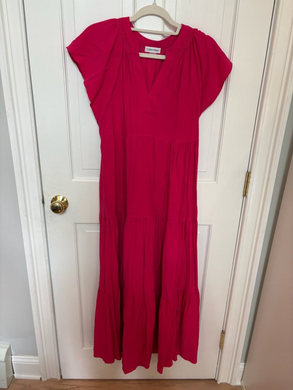 Calvin Klein Magenta Flutter-Sleeve Tiered A-Line Maxi Dress